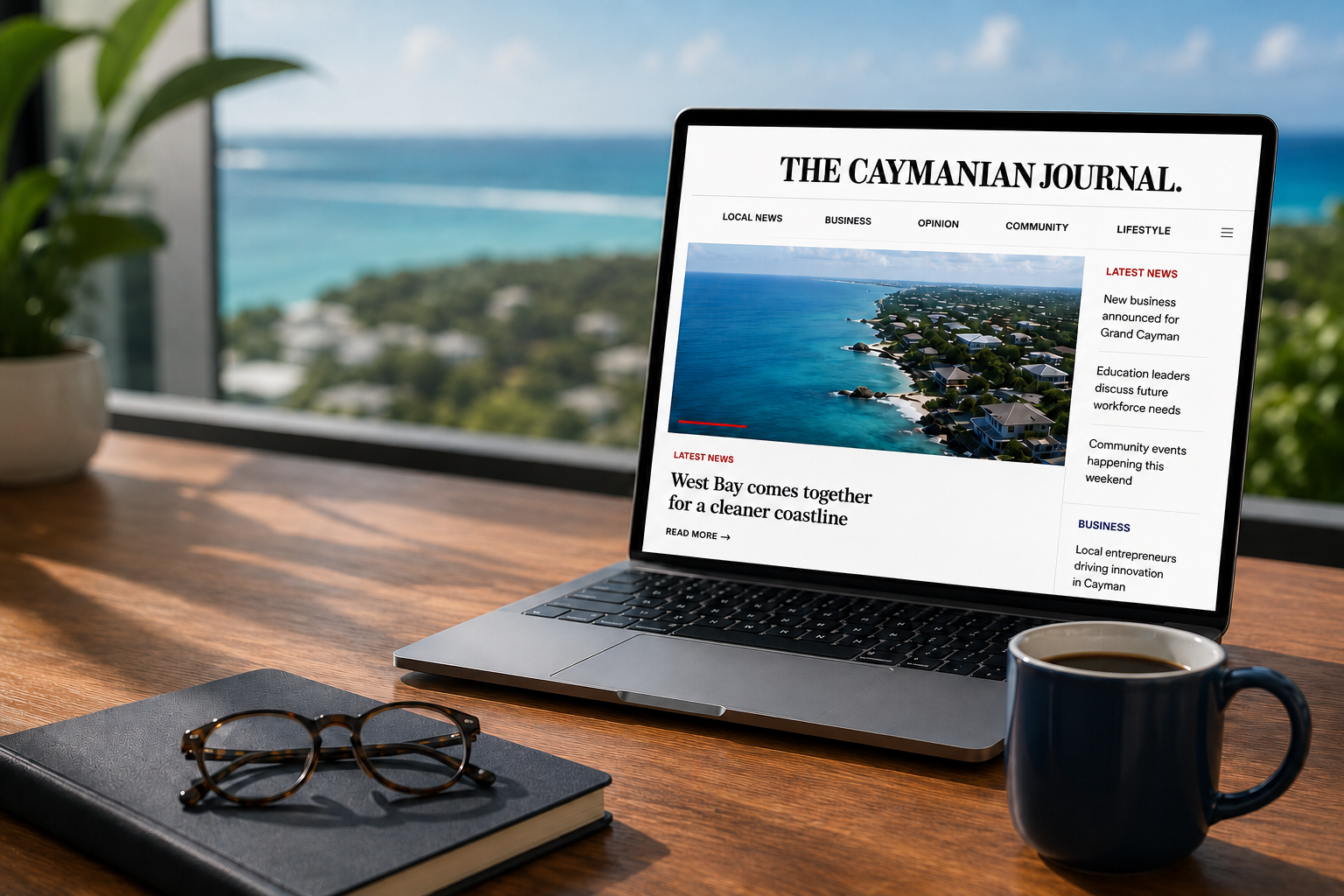 The Caymanian Journal website shown on laptop and phone overlooking the Cayman coastline